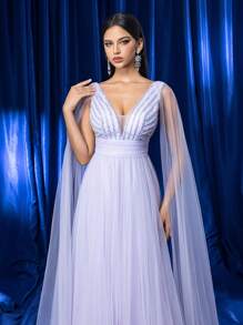 Váy dạ hội trang trọng cổ chữ V sâu tay áo đính sequin Kexmon, váy dạ hội thanh lịch, dành cho khách dự tiệc cưới, tốt nghiệp, tiệc tối - Màu tím - Xem 3