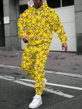 2pcs Men's Cartoon Print Long Sleeve Hoodie And Casual Pants Outfit Set, Fall Clothes