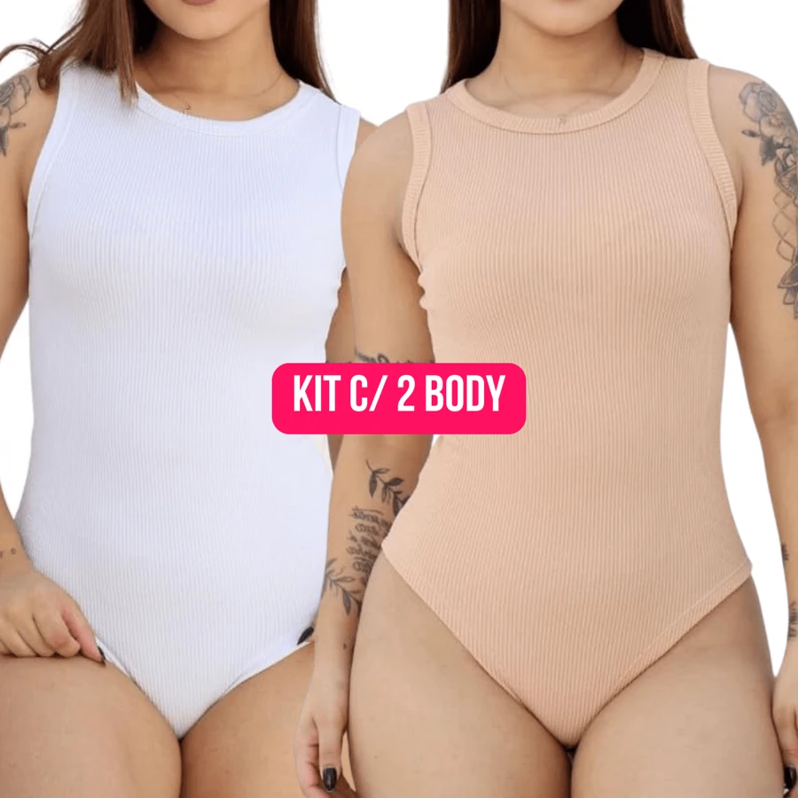 Kit 2 Women's Bodysuit Shaper Tank Top Hollow Out Elegance Bory Moda - 白色+裸色 - 查看 1