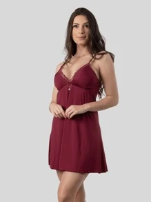 Women's Plain Nightgown Romantic Thin Strap Summer Comfortable Sleepwear - Màu Đỏ Sâu - Xem 2