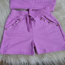 Children's Set Girl Blouse And Shorts Ribbed Knit Princess Sleeve Blogger - 粉色 - 查看 3