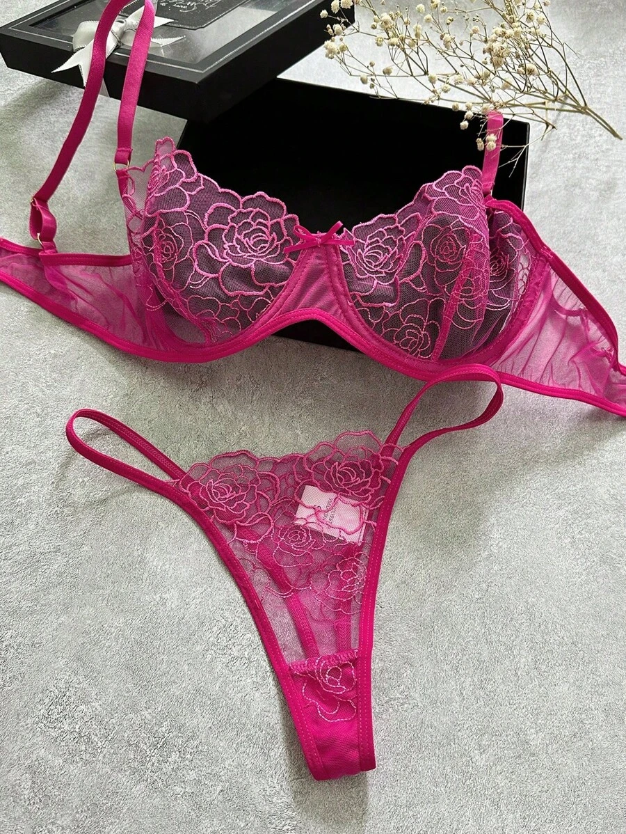 2-Piece Pure Desire Romantic Women And Ladies' Exquisite Rose Embroidered Tulle Lace 1/2 Cup Bra & Panty Lingerie Set, Suitable For Foreplay, Everyday Fashion, Special Nights, Dating, Honeymoon, Anniversary, Music Festival, And Private Party Vacation Lingerie Package - 玫紅色 - 查看 1