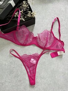 2-Piece Pure Desire Romantic Women And Ladies' Exquisite Rose Embroidered Tulle Lace 1/2 Cup Bra & Panty Lingerie Set, Suitable For Foreplay, Everyday Fashion, Special Nights, Dating, Honeymoon, Anniversary, Music Festival, And Private Party Vacation Lingerie Package - 玫紅色 - 查看 2