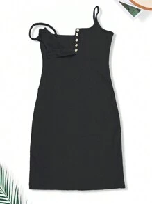 1pc Women Spaghetti Strap Button Front Bodycon Camisole Dress For Home/Work Wear, Rave - Black - View 6