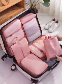 Set organizator de călătorie din 9 piese: pungi portabile de depozitare, geantă de machiaj cu separare uscată și umedă, husă multifuncțională pentru tampon sanitar, organizator modern minimalist, geantă de toaletă cu compartiment pliabil, husă pentru pantofi pentru îmbrăcăminte exterioară, lenjerie de corp, pantofi, bijuterii, paletă de fard de pleoape, pensule de machiaj, ruj, fard de sprâncene, creion, creion, powder. Vibrații - Multicolor - Vizualizare 3