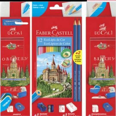 Lápis de Cor Ecolápis Faber Castell com 12 Cores + 2 Lápis Pretos + Apontador e Borracha Volta às Aulas