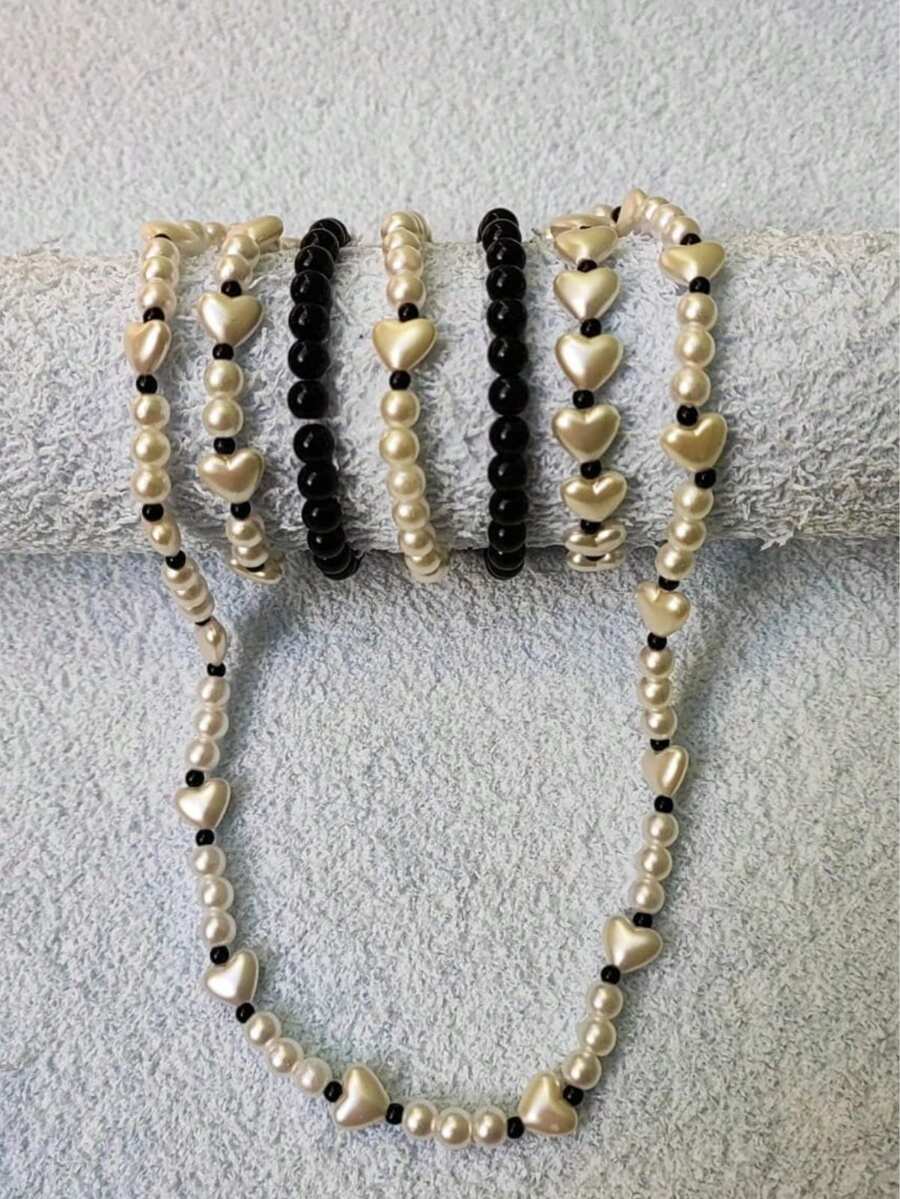 6 Pcs Necklace And Bracelets Kit For Girls Heart Star Flower Bullet Beach - Trái tim đen - Xem 1