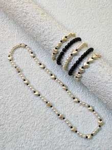 6 Pcs Necklace And Bracelets Kit For Girls Heart Star Flower Bullet Beach - Trái tim đen - Xem 3