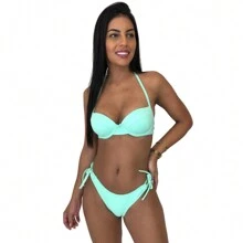Bikini Delta Wing Underwire With Padded Lace-Up Panties Double String UV Sun Protection - Màu xanh nhạt - Xem 2