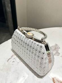 1 chiếc túi xách dạ hội trang trí pha lê lấp lánh bạc thanh lịch dành cho nữ, ví cầm tay cô dâu có dây đeo xích kim loại, túi dự tiệc trang trọng cổ điển dành cho quý cô - Bạc - Xem 8