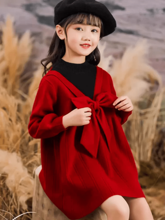 女童红色连衣裙新春系列，春季时尚儿童连衣裙，中小童女童春装带蝴蝶结