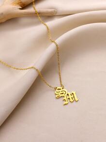 女士定制双字母吊坠项链，时尚朋克个性化古英语错位字母项圈，女士不锈钢首饰配饰礼物 - 金黃色 - 查看 4