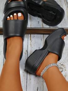 女士塑料拖鞋，2025新款厚底拖鞋，夏季户外高跟鞋EVA防滑坡跟拖鞋 - 黑色 - 查看 1