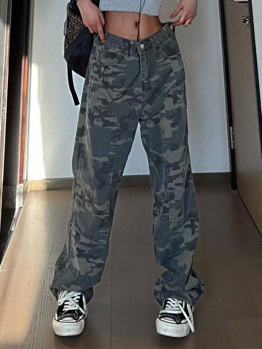 Ladies Camo Belt Pocket Straight Jeans, Casual Style, Machine Washable, Four Seasons Fashion Ladies Jeans And Clothing - 彩色 - 查看 1