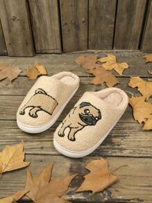 Chinelos Bordados com Tecido Macio e Aconchegante com Estampa de Filhote de Castor Cinza, Chinelos Quentes para Casa para Mulheres, Inverno