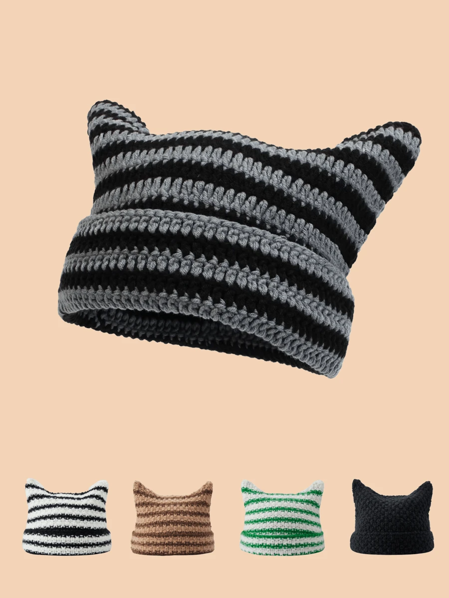 1pc Striped Cute Pattern Cat Ear Shaped Knitted Hat, Warm Comfortable Soft, Y2K Style, Black & Gray, Suitable For School Wear Animal Ears - Knitted Striped Hat - View 1