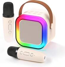 Mini Karaoke Speaker With 2 Microphones Wireless Bluetooth Rechargeable Portable Speaker With Led - Beige - View 1