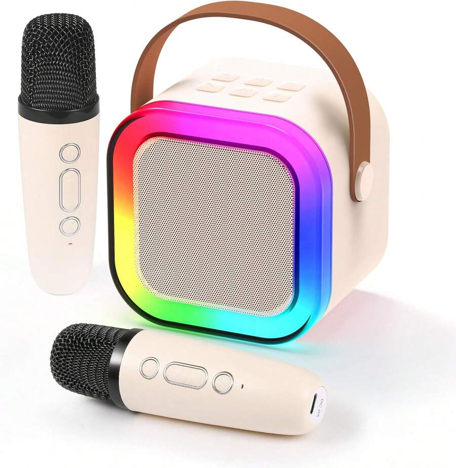 Mini Karaoke Speaker With 2 Microphones Wireless Bluetooth Rechargeable Portable Speaker With Led - Beige - View 1