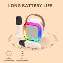 Mini Karaoke Speaker With 2 Microphones Wireless Bluetooth Rechargeable Portable Speaker With Led - Beige - View 5