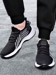 Fashion Stripe Anti-Skid Thick Sole Men's Slip On Shoes, Lightweight Breathable Mesh Men's Tennis Shoes, Outdoor Casual Hiking Sneakers, Suitable For Dog Walking, Fitness, Party, Camping, Tennis, Running, Cycling And Casual Wear. - 黑色 - 查看 6