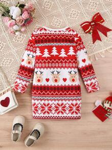 Vestido de manga larga y cuello redondo con estampado de árbol de Navidad y ciervos para niña, para otoño e invierno - Rojo - Ver 2