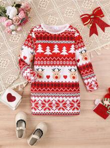 Vestido de manga larga y cuello redondo con estampado de árbol de Navidad y ciervos para niña, para otoño e invierno - Rojo - Ver 1