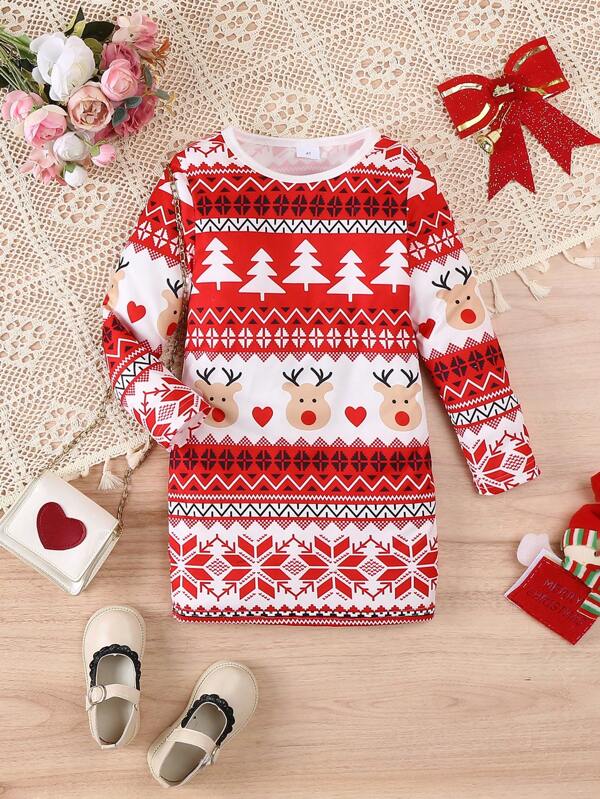 Young Girl Round Neck Long Sleeve Christmas Tree & Deer Print Dress, Autumn & Winter