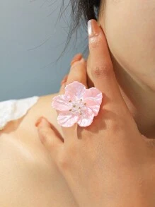 Mazuer 1pc Vintage Gold Tone Acrylic Oversized Simple Floral Ring, Fashionable Design For Women, Suitable As Graduation, Thanksgiving, Halloween, Teachers' Day, Back To School, Holiday, Party, Daily Wear