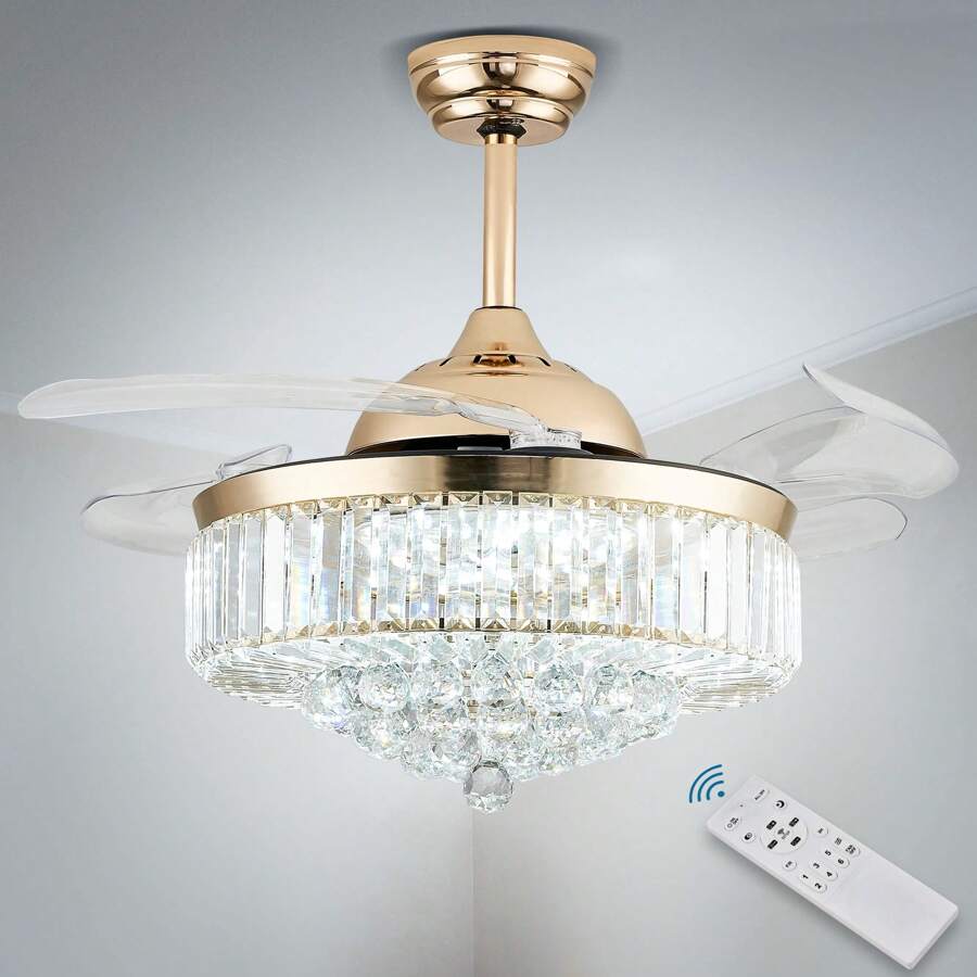 Finktonglan Ventilador de techo con luz LED regulable de 42" con diseño de araña negra, cromada y dorada, para dormitorio, sala de estar, 3 velocidades y control remoto