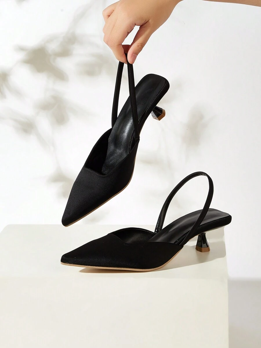Women's Solid Color Kitten Heel Pumps, Elegant Pointed Toe High Heels, Fashionable Ankle Strap High Heels