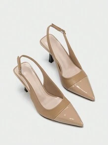 Giày cao gót mũi nhọn có dây khóa cho nữ dùng đi làm và đi chơi hàng ngày, thiết kế khối màu - Màu be - Xem 4