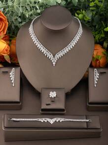 1 Set Elegant Arabic Style Cubic Zirconia Leaf Shape Jewelry Set, Suitable For Women's Wedding, Banquet And Party Wear (Exclude Gift Box) - Silver - View 1