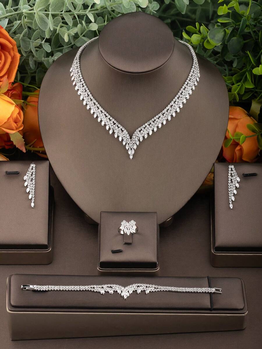 1 Set Elegant Arabic Style Cubic Zirconia Leaf Shape Jewelry Set, Suitable For Women's Wedding, Banquet And Party Wear (Exclude Gift Box) - Silver - View 1