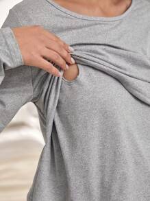 2pcs/Set Nursing Maternity Pajama Set, Women Soft Solid Color Long Sleeve Top And Pants Comfortable Sleepwear - Grey - View 4