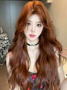 橘色假发女长发分体八字刘海水波纹长卷发自然无缝仿真全头套 - 臟橘色 - 查看 2