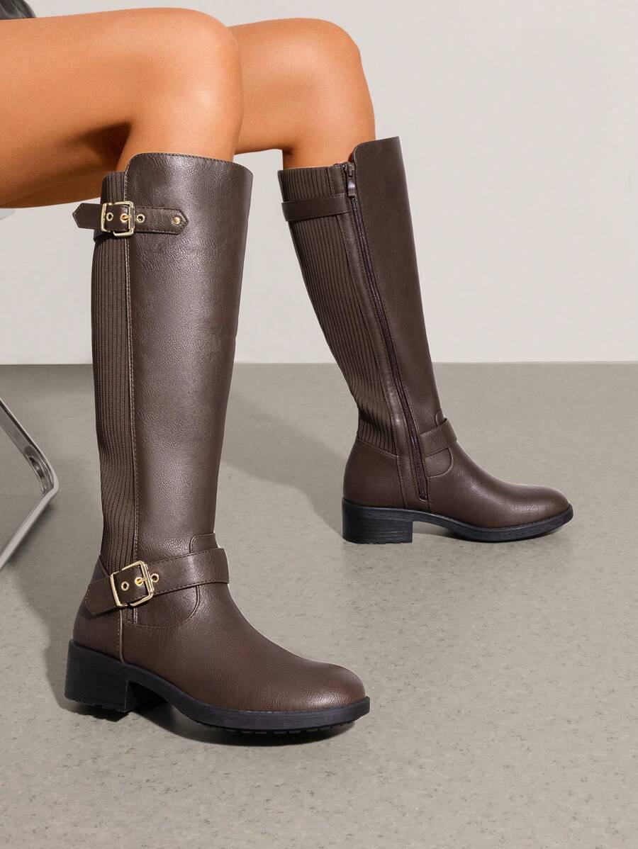 Women's Riding Knee High Boots Knit Round Toe Side Zipper  Low Block Heel Motorcycle Boots Fashionable Comfortable Outdoor Biker Buckle Boots - màu nâu - Xem 1