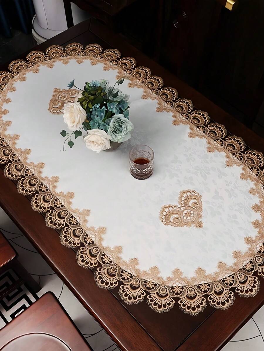 1pc Oval Lace Tablecloth, French Polyester Fiber Oval Lace Edge Jacquard Dust-Proof Heat Resistant Tablecloth, Suitable For Dining Table, Coffee Table, Home, Daily Decoration, Festivals, Weddings, Parties - Gold - View 1