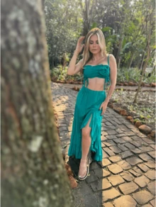 Women's Cropped Set And Long Skirt In Viscose Fabric, Summer Look - 綠色 - 查看 2