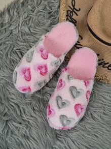 Women Fashion Heart Design Fuzzy Warm Slip-On Bedroom Slippers For Winter