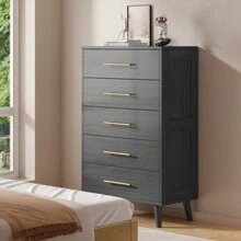 5 Drawer Storage Cabinet, Tall Chest Of Drawers, Christmas And New Year Gift Vertical Storage Cabinet, Dressing Table  With Metal Handles, Wood Storage Organizer Dresser Nursery Dresser - 黑色 - 查看 3