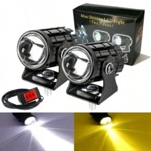 Heyword 2pcs White + Yellow Motorcycle LED Headlight Mini Driving Lamp Fog Light 12V/24V Universal Dual-Color Projector Lens With Switch, Fit For ATV Scooter Auxiliary Spotlight Motorcycle Accessories