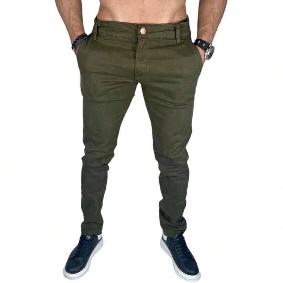 Calça Masculina Sarja Alfaiataria Tradicional com Bolso Embutido - Verde - Visão 1