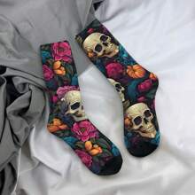 1 par de calcetines divertidos y alegres para hombres con estampado de calaveras y flores, estilo callejero vintage de Harajuku, patrón llamativo, regalo de calcetines locos estampados