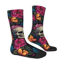 1 par de calcetines divertidos y alegres para hombres con estampado de calaveras y flores, estilo callejero vintage de Harajuku, patrón llamativo, regalo de calcetines locos estampados