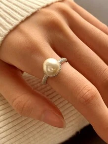 Women's S925 Sterling Silver Classic White Pearl Ring, Elegant Romantic Micro-Set Round Jewelry For Proposal & Wedding