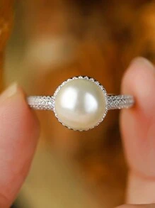 Women's S925 Sterling Silver Classic White Pearl Ring, Elegant Romantic Micro-Set Round Jewelry For Proposal & Wedding