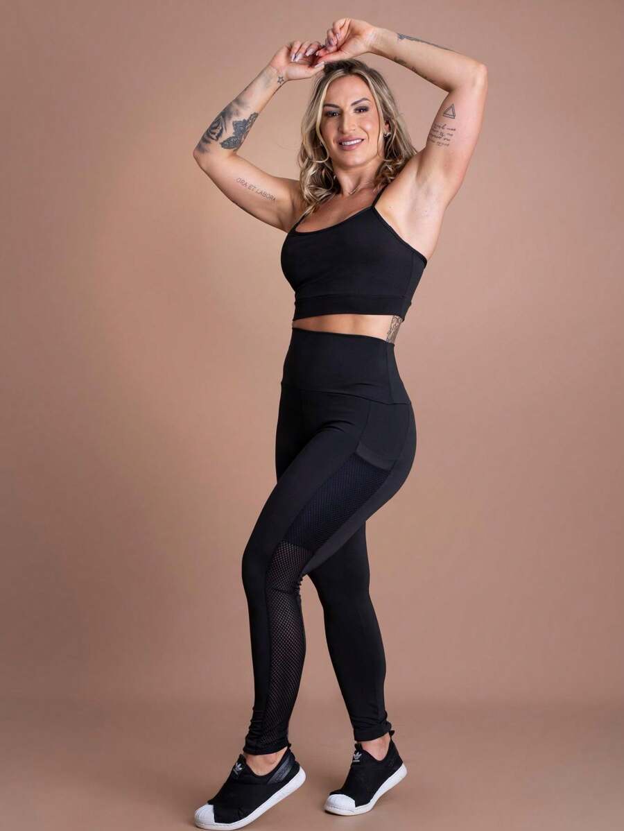 Women's Fitness Set High Waist Leggings With Mesh Pocket And Cropped Top With Straps Workout Gym Fashion F7 NEW STYLE - 黑色 - 查看 1