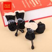 4pcs/Set Thick Thermal Lined Pet Shoes, Convenient Wear For Rainy Days And Autumn/Winter Seasons