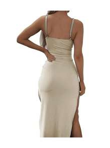 Vestido De Tirantes Con Abertura De Muslo Con Abertura,Vestido halter de mujer,Vestido De Mujer De Tirantes Con Espaguetis Y Abertura Alta En Un Solo Color,Vestidos De Dama,Vestidos Casuales - Caqui - Ver 4