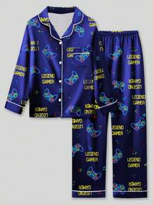 Tween Boy 游戏图案撞色滚边长袖衬衫和宽松长裤 2 件套睡衣套装